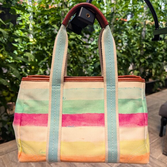 Coach, Hamptons Watercolor Canvas Mini Tote Bag, Multicolor Stripe, Leather Trim - Picture 2 of 15
